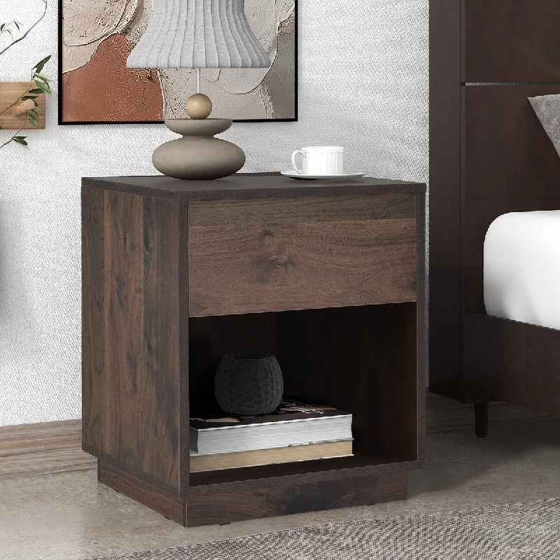 Mid-Century Modern Nightstand End Table Open Storage with One Drawer, Dark Brown