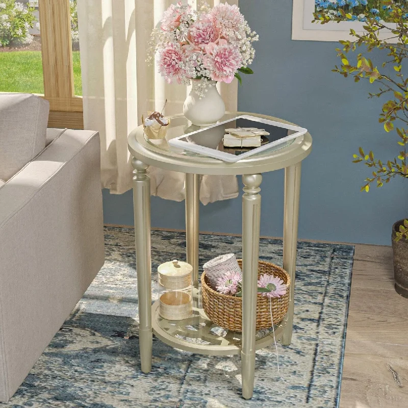 Modern End Table Side Table with Tempered Glass Top, 18" Round Wood Side Table, Lightweight MDF Accent End Table