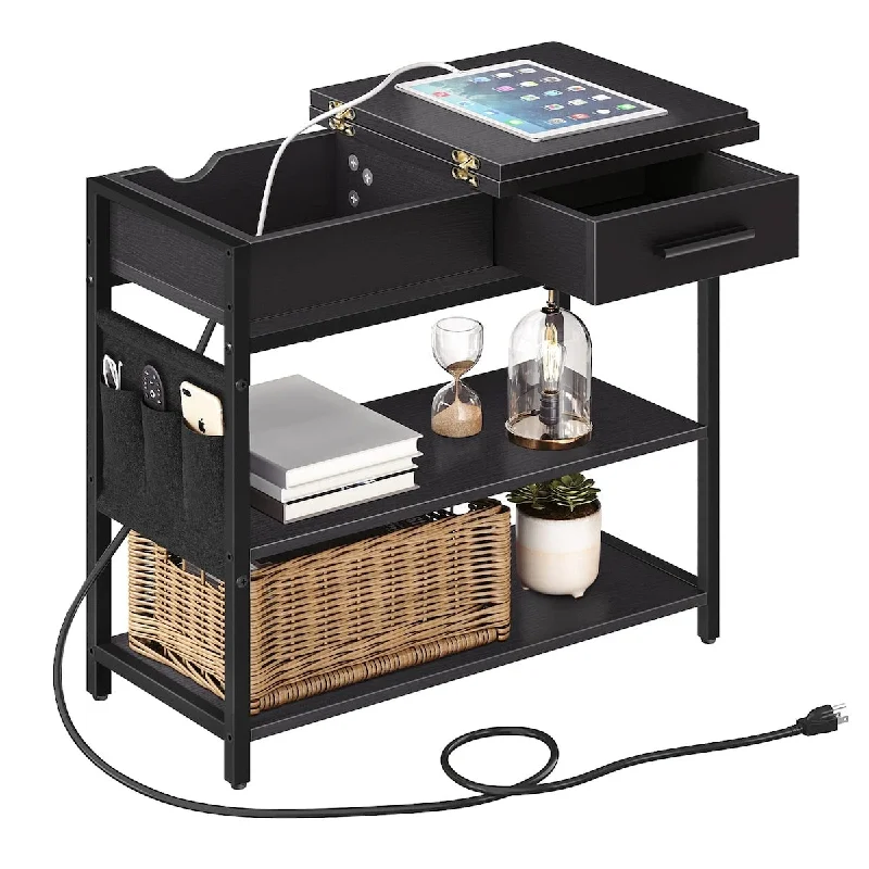 Narrow End Table, Side Table with Charging Station, End Table with USB Ports and Outlets, Nightstand with Charging Station,