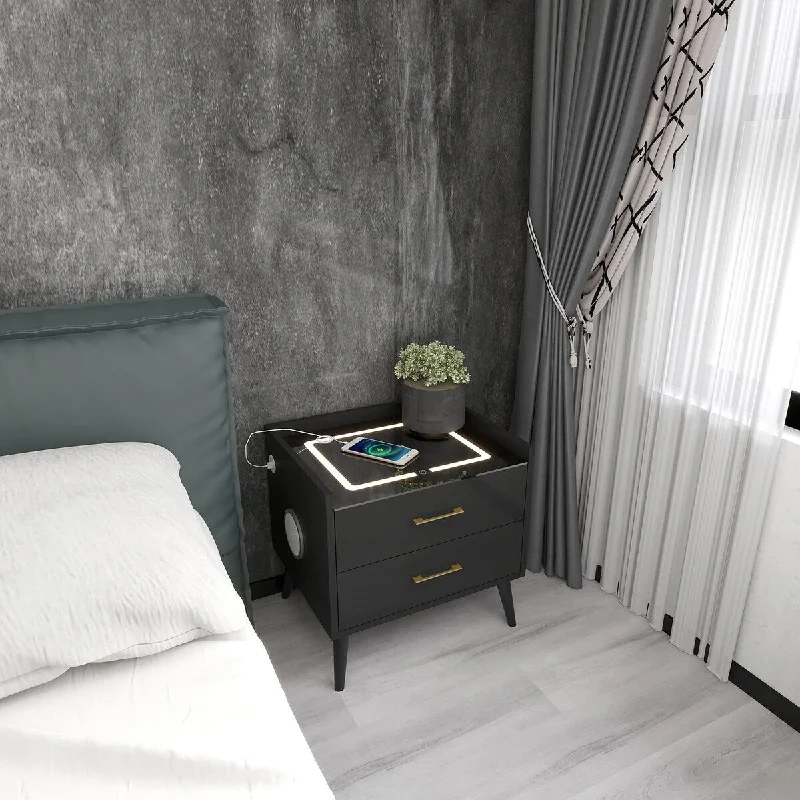 Nightstand, End Table with Wireless Charging Station and LED Lights, Bluetooth Speaker Modern Side Table