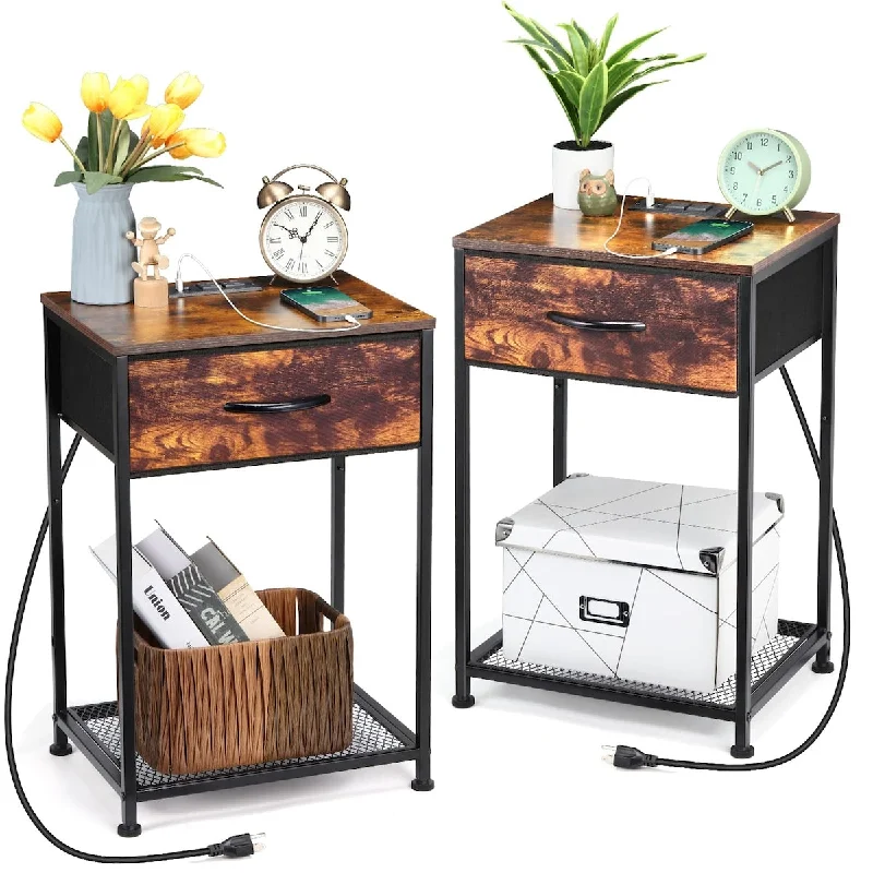 Nightstand Set of 2 End Table with Charging Station Side Table with USB Ports 2-Tier Modern Beside Table with Fabric Drawer