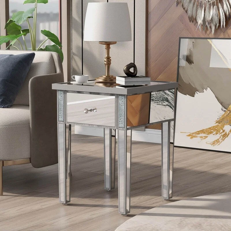 Nightstand Silver glass end table corner table with crystal drawers and adjustable legs