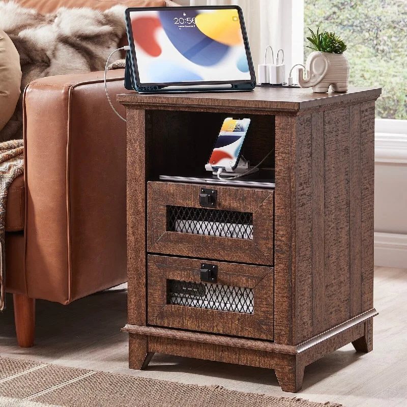 Nightstand with Charging Station, 18'' Industrial & Farmhouse End Table with 2 Drawers &Open Cubby