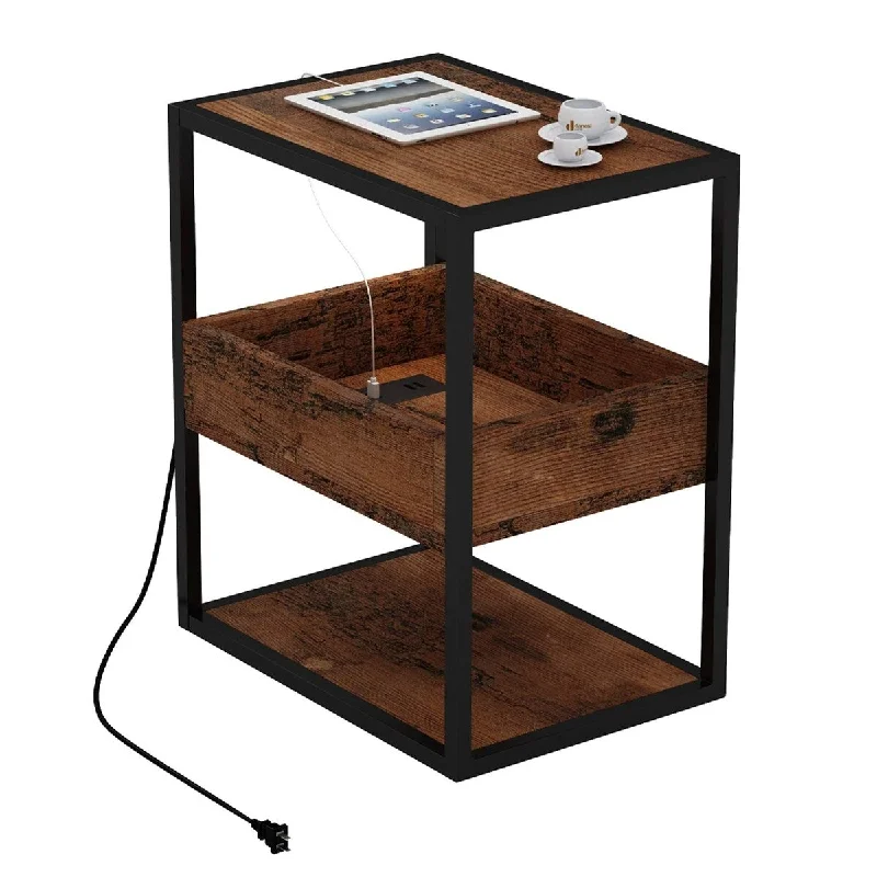 Nightstand with Charging Station, 3 Tier End Table with USB Ports and Open Storage Drawer, Easy Assembly Side Table