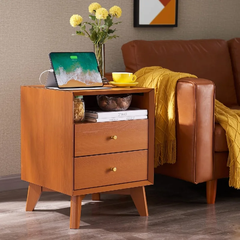 Nightstand with Charging Station, Mid-Centry Modern Nightstand End Table with 2 Stroage Drawers, Easy Assembly Wood