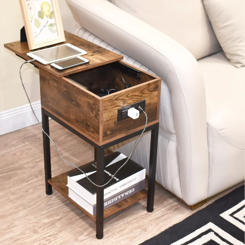 Nightstand with Charging Station, Narrow End Table with Storage Drawer, Wood & Metal Narrow Nightstand 2 Tier,