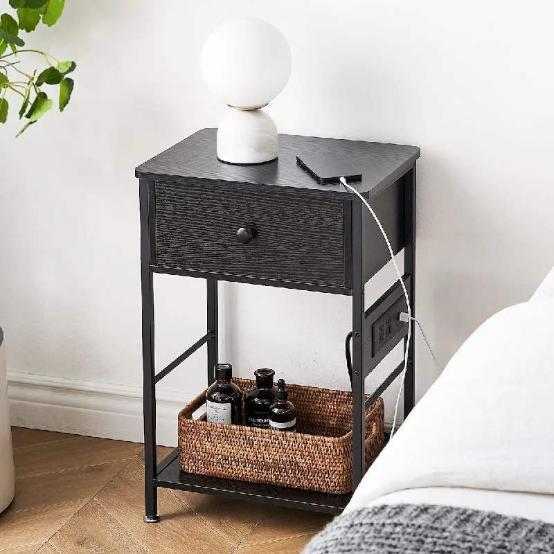 Nightstand with Charging Station, Nightstand with Drawer and Storage Rack, End Table Side Table Beside Table Nightstand