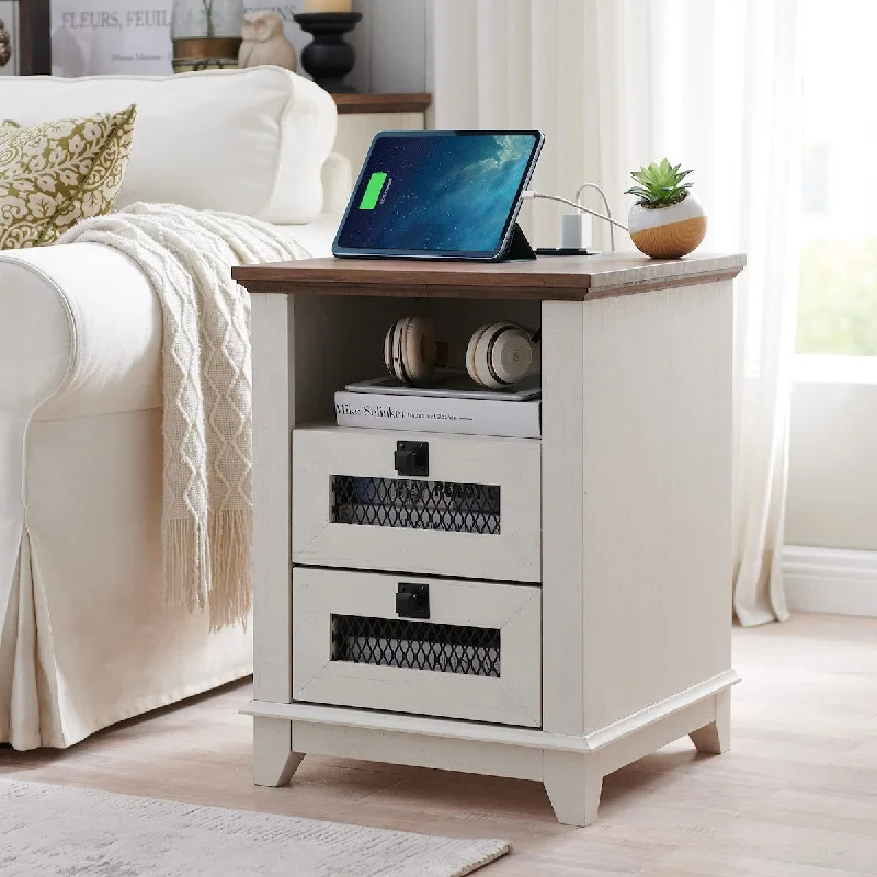 Nightstand with Charging Station,OKD 18'' Industrial & Farmhouse Square End Table w/ 2 Drawers & Open Cubby,