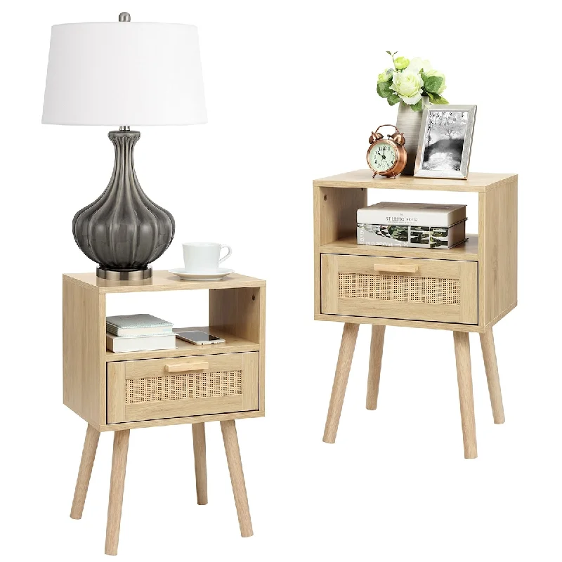 Nightstands Set of 2, End Table, Nightstand, Side Table with Hand Made Rattan Decorated Drawers, Wood Accent Table