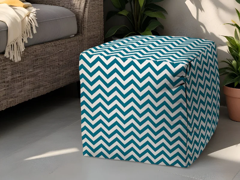 Polyester Cube Chevron Outdoor Pouf Ottoman - Turquoise / White