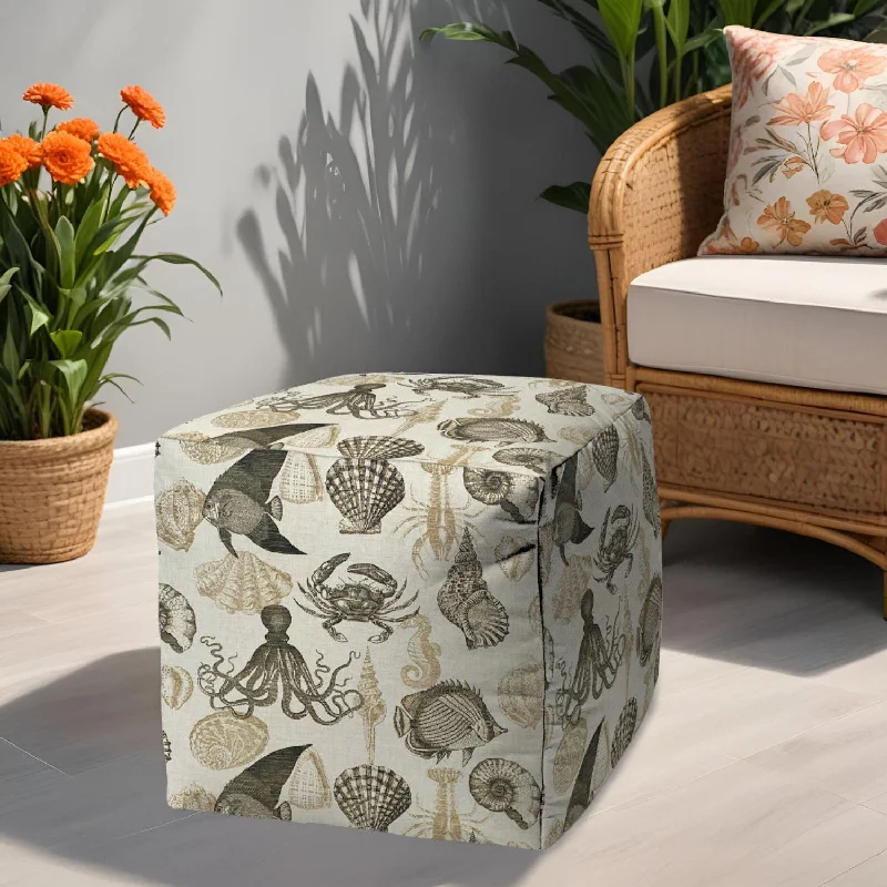 Polyester Cube Coastal, Outdoor Pouf Ottoman - Taupe Gray / Beige