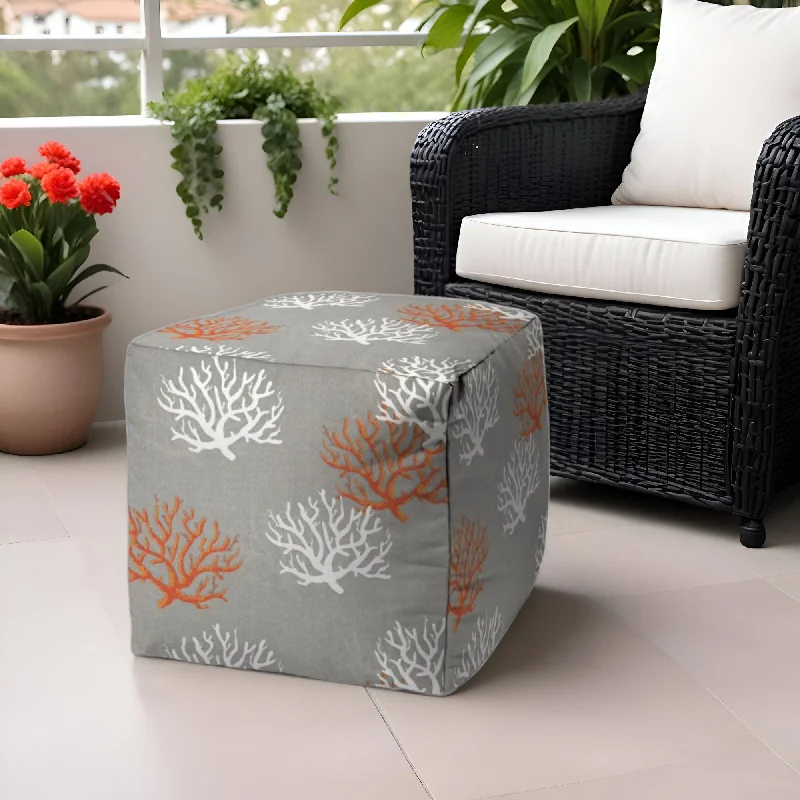 Polyester Cube Coral, Outdoor Pouf Ottoman - Gray White / Orange