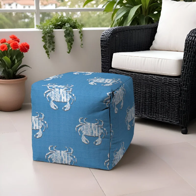 Polyester Cube Crab Outdoor Pouf Ottoman - Blue / White