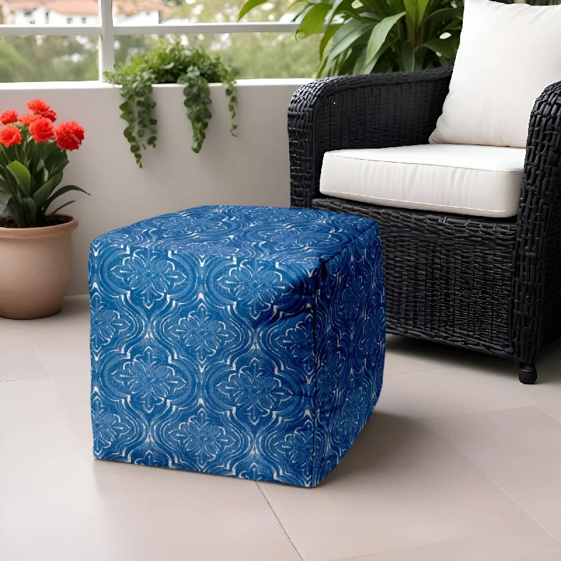 Polyester Cube Damask, Outdoor Pouf Ottoman - Blue / White