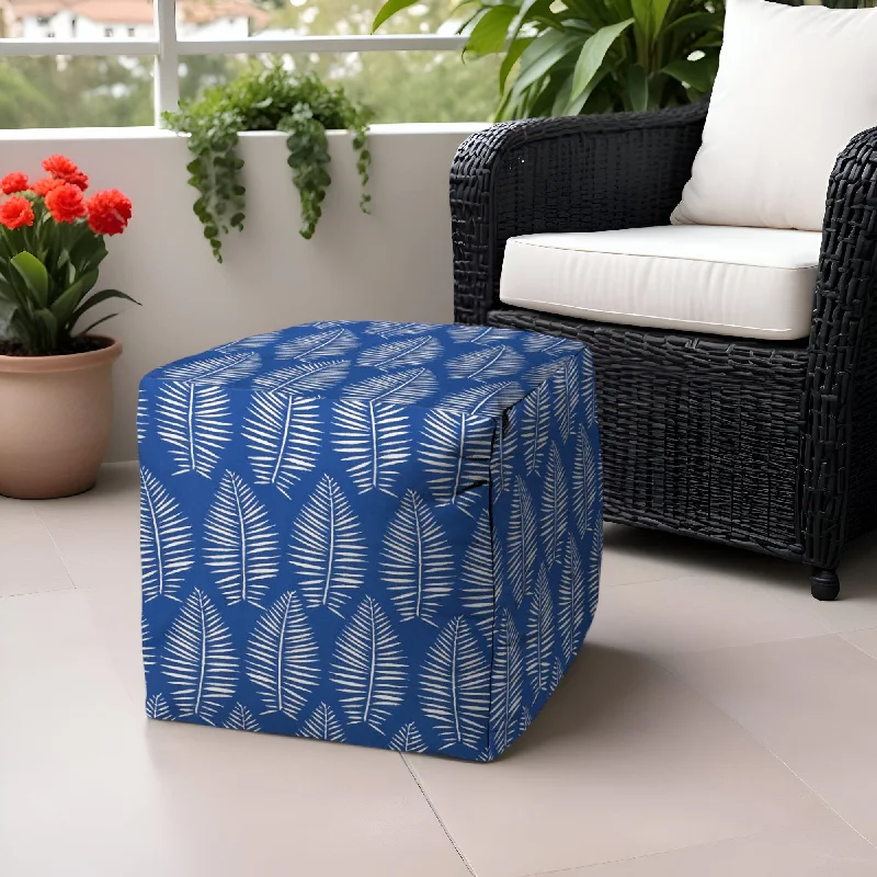 Polyester Cube Floral Outdoor, Pouf Ottoman - Blue / White