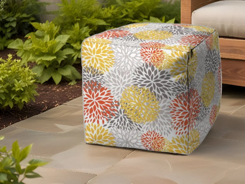 Polyester Cube Floral Outdoor Pouf Ottoman - Yellow Gray / White