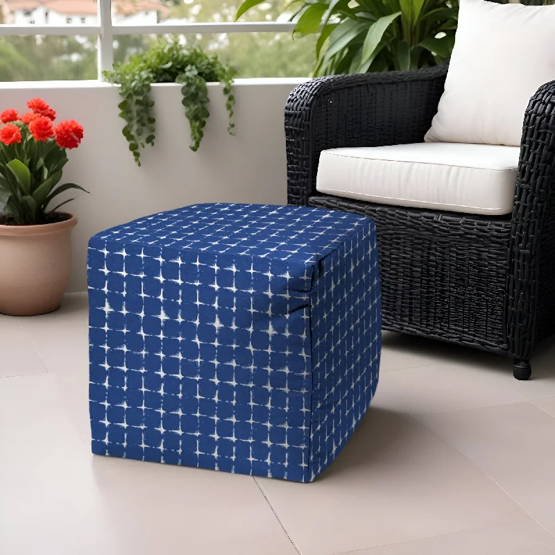 Polyester Cube, Geometric Outdoor Pouf Ottoman - Blue / White