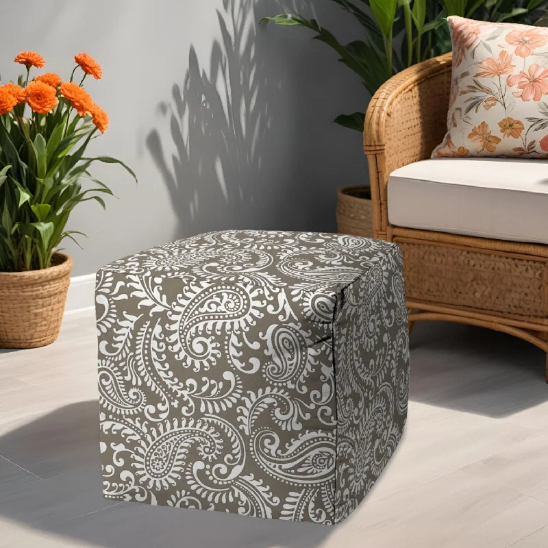 Polyester Cube Paisley Indoor / Outdoor Pouf Ottoman - Taupe