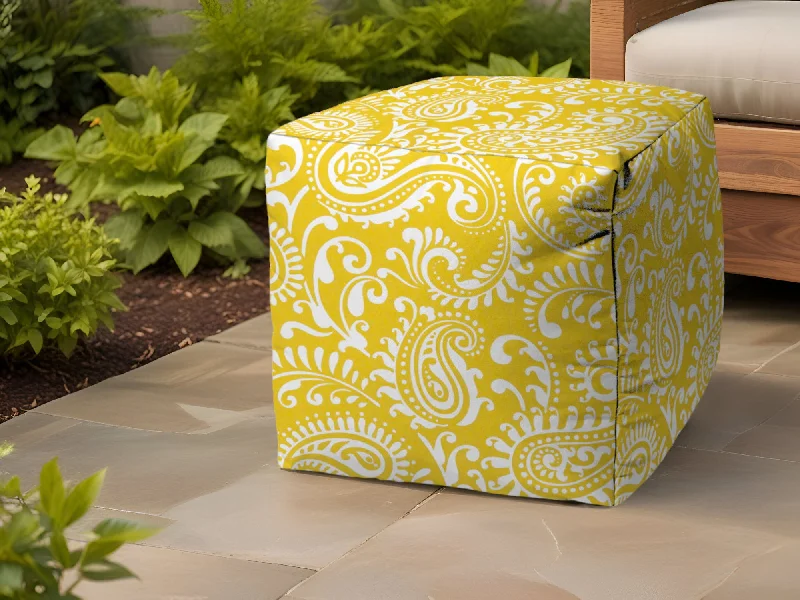 Polyester Cube Paisley Indoor / Outdoor Pouf Ottoman - Yellow