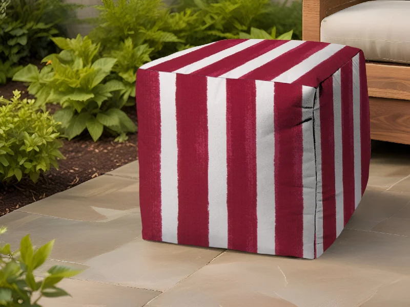 Polyester Cube Striped Indoor Outdoor Pouf Ottoman - Red / White