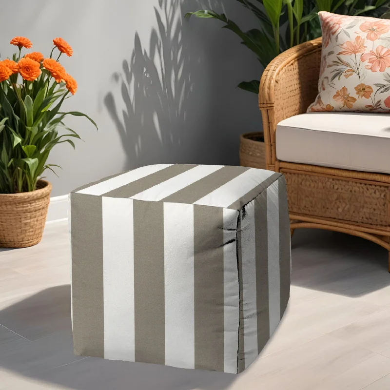 Polyester Cube, Striped Indoor / Outdoor Pouf Ottoman - Taupe