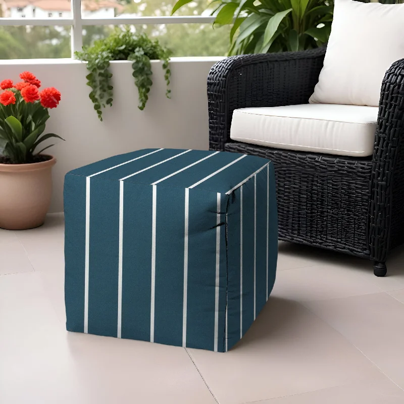 Polyester Cube Striped Indoor Outdoor Pouf Ottoman - Turquoise