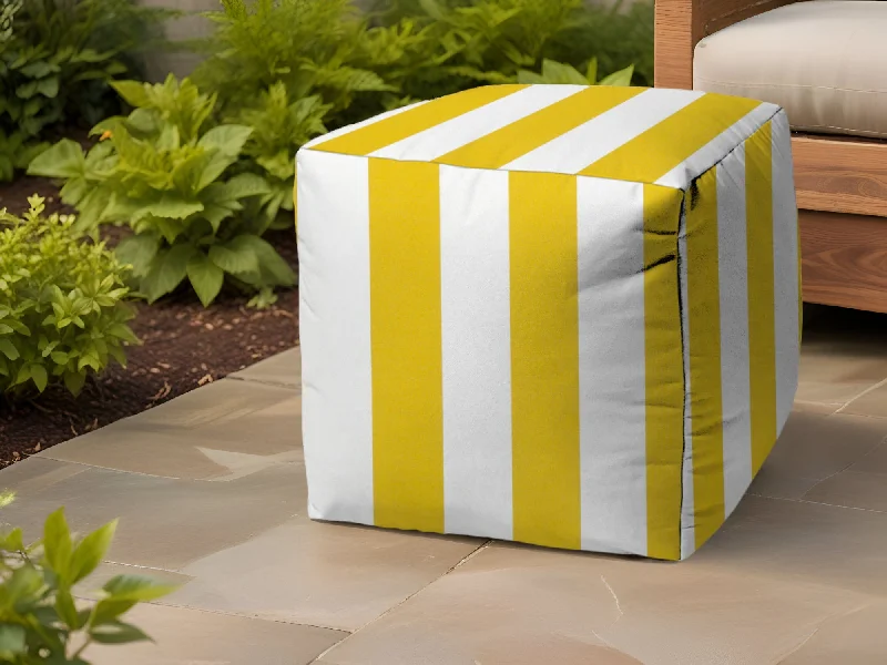 Polyester Cube Striped Indoor / Outdoor Pouf Ottoman - Yellow / White