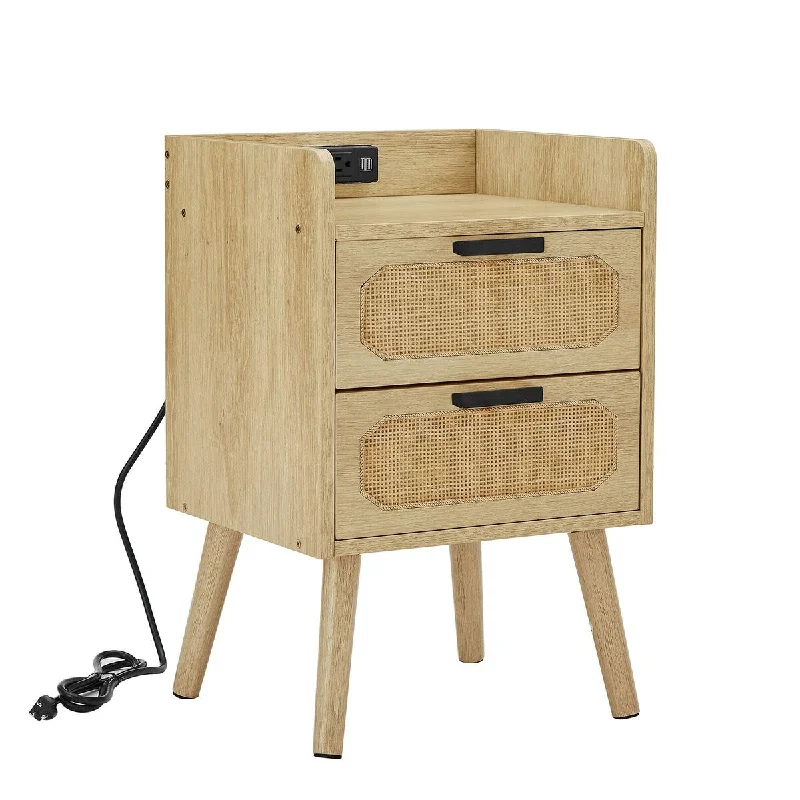 Rattan Nightstand with Charging Station, Side Table with 2 Hand Made Rattan Decorated Drawers, End Table with Solid Wood Feet