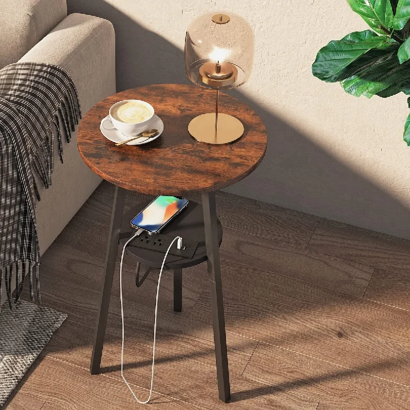 Round End Table with Charging Station, 15.74" Small Accent Table with USB Ports & Power Outlets, 2-Tier Rustic Vintage