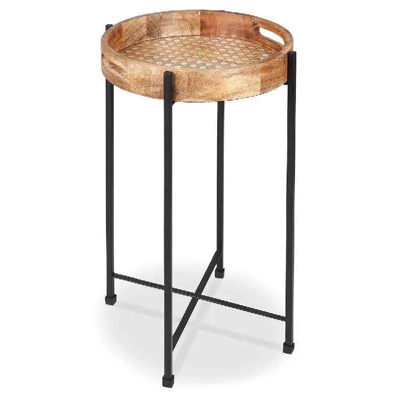 Round Wood & Metal Side Table, Removable Tray, Hand-Made in India. Foldable Stand, Beautiful Accent End Table for Small Spaces