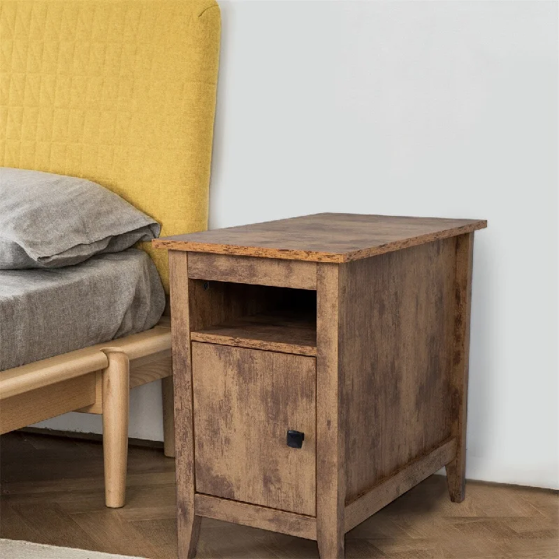 Rustic Brown Wood Narrow End Table with Cabinet and Shelf Set of 2