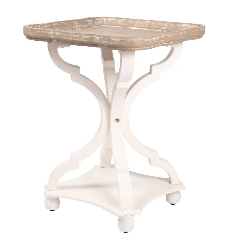 Rustic Farmhouse End Table, French Country Pedestal Accent Table with Natural Square Tray Top and White Wood Legs