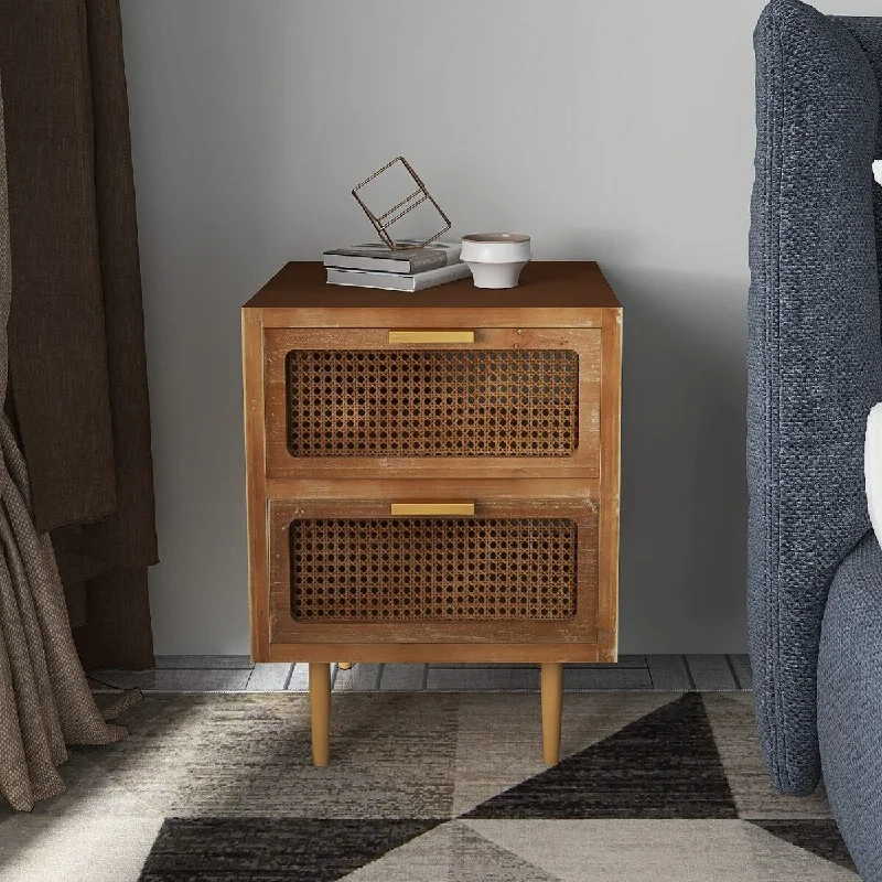 Rustic Farmhouse Woven Fronts Nightstand, Spacious Storage End Table with 2 Drawers, Industrial Farmhouse Accent Furniture