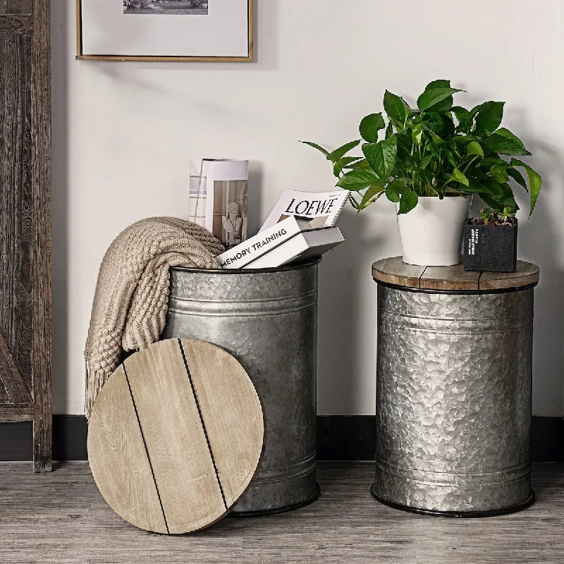 Rustic Storage Bins Farmhouse End Table Farmhouse Furniture Galvanized Metal Stool Ottoman Seat with Round Wood Lid Set of 2