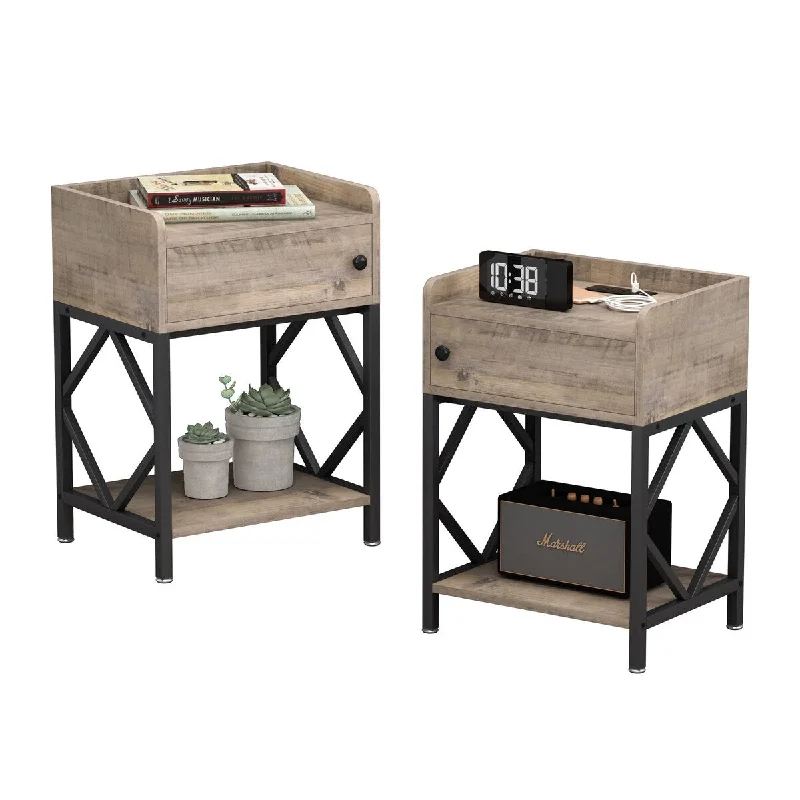 Set of 2 Industrial Wood Nightstand with Charging Station and USB Ports, Accent End Table with Storage and Shelf