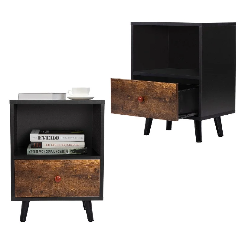 Set of 2 of Nightstand with 1 Drawer and Short Legs, End Table , Black