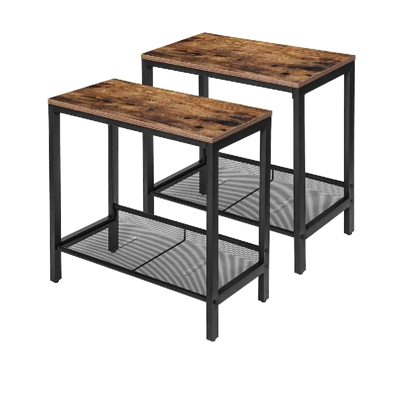 Side Table, Set of 2 Narrow Nightstands, Industrial End Table with Flat or Slant Adjustable Mesh Shelf for Small Spaces