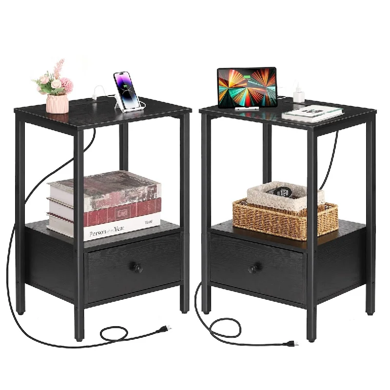 Side Table with Charging Station, Set of 2 Nightstand with USB Ports & Power Outlets, Narrow End Table