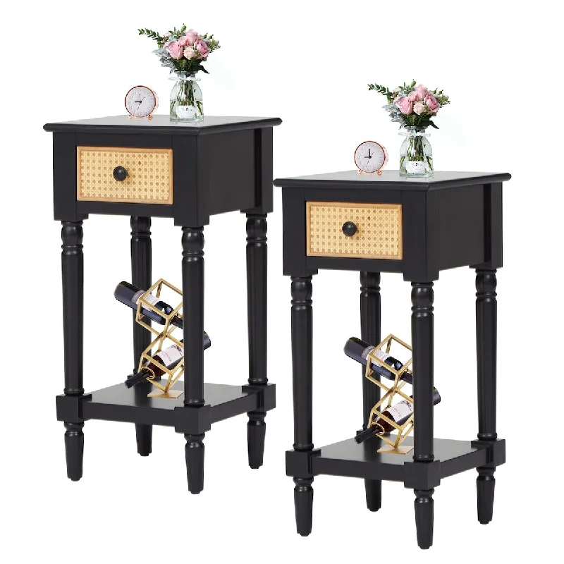 Side Table Wooden Nightstand - Retro End Table with Rattan Drawer & Storage Shelving, Black (2)