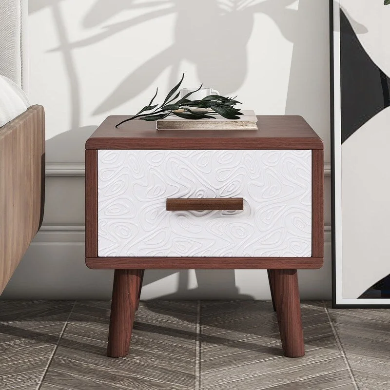 Square End Table with 1 Drawer Adorned with Embossed Patterns, Wood Legs and Handles for Living Room, Brown+White