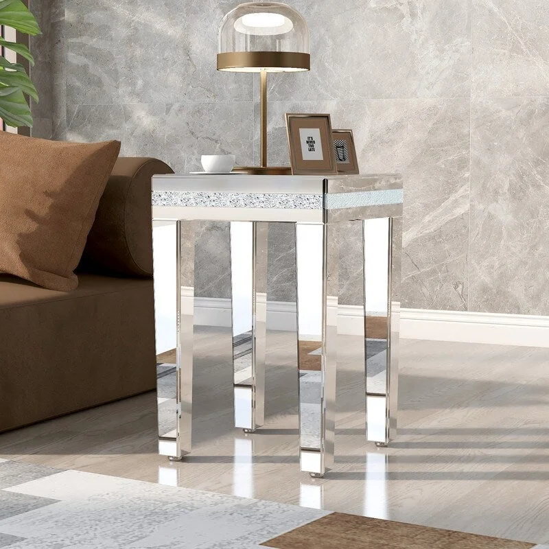 Stylish modern glass mirrored side table, crystal design and adjustable height leg living room, silver