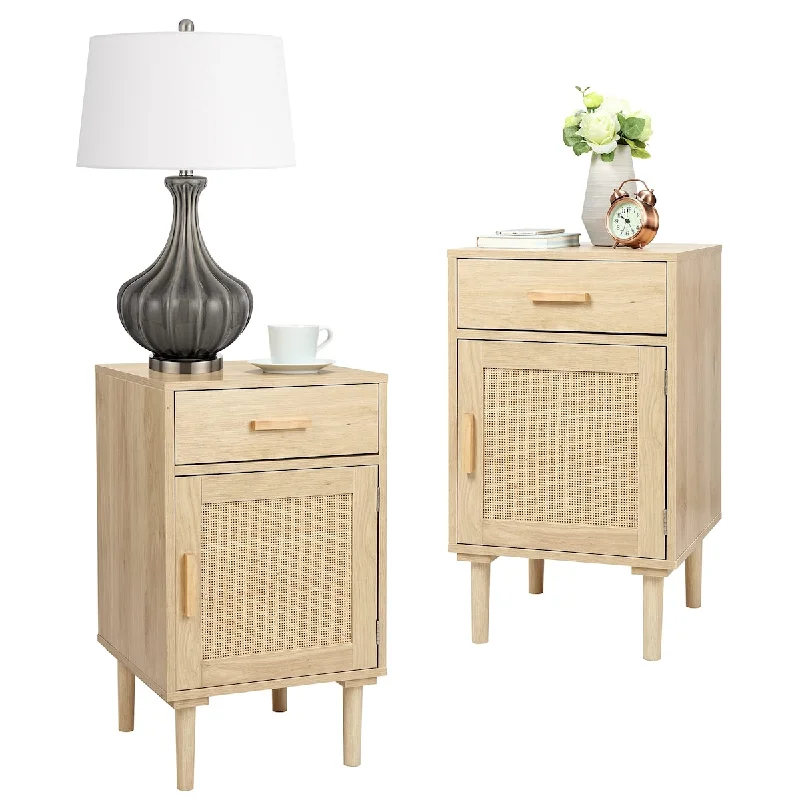 Tall Nightstands Set of 2, End Table, Side Table with Drawer and Shelf, Hand Made Rattan Decorated Doors, Wood Accent Table