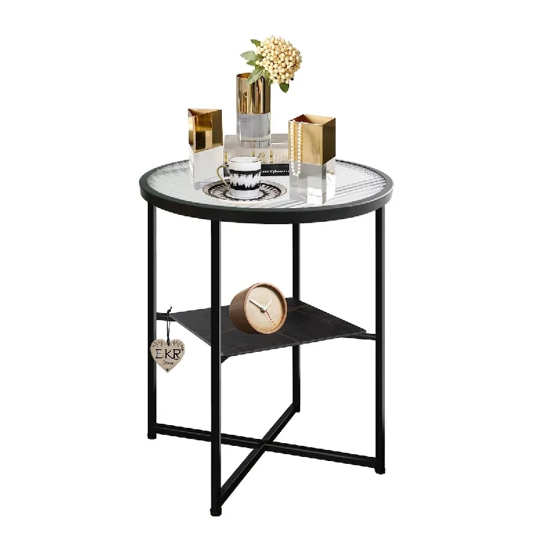 Tempered Glass End Table Marble Nightstand Sintered Stone Iron Frame Small Round Glass Table/Side Table for Living Room