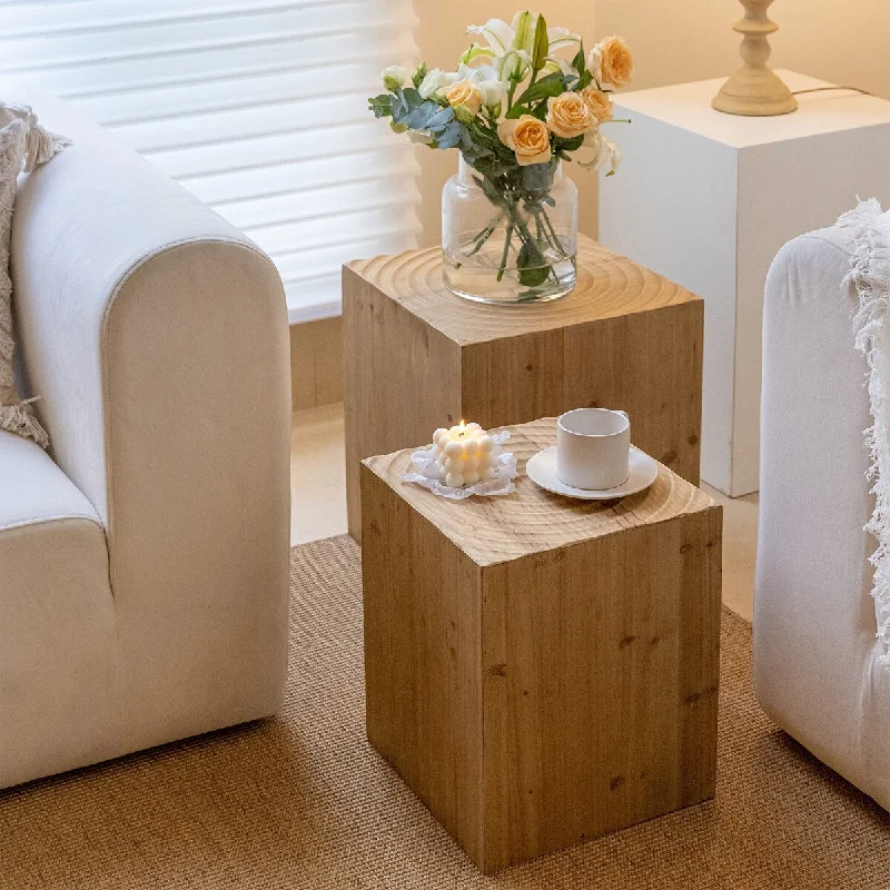 Tree Stump End Table Set of 2, Multiple Styling Layout with Wood Tree Ring Pattern, Natural Wood Color, (F04011),