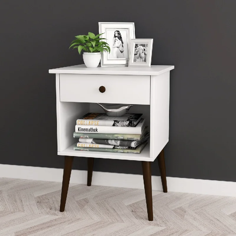 White/Espresso Nightstand Side End Table Open Storage with Drawer 24" H