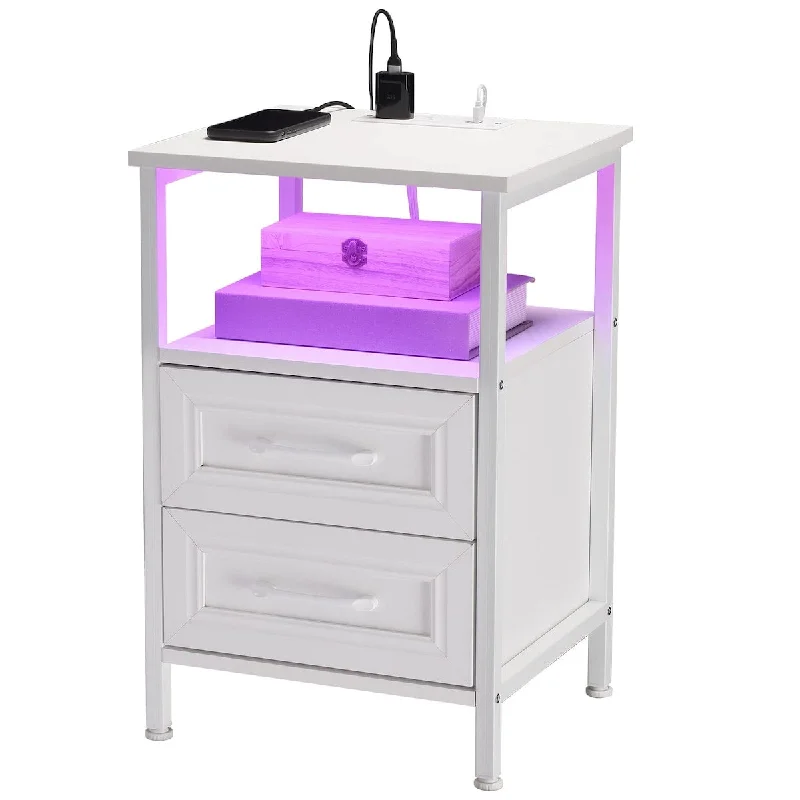 White Nightstand with Charging Station and RGB Lights, Night Stand Rustic End Table with 2 Drawers with USB Ports and Outlets