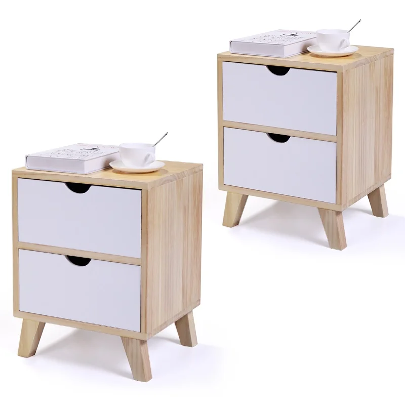 White Wooden Nightstand Set - 2 with Two Drawers - Modern End Tables for Various Usages