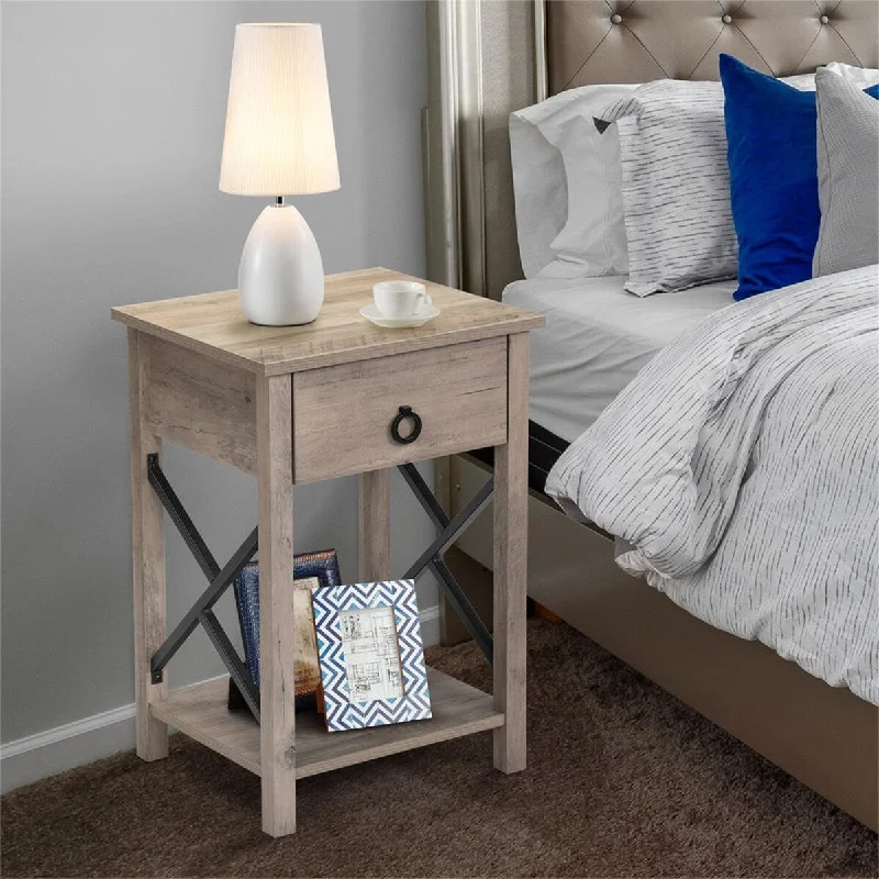 Wood Nightstand Side Table End Table, Drawer X-Shape Metal Sides, Gray