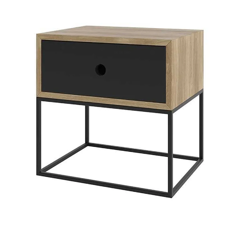 Wooden Side Table with Drawer in Metal Frame Base