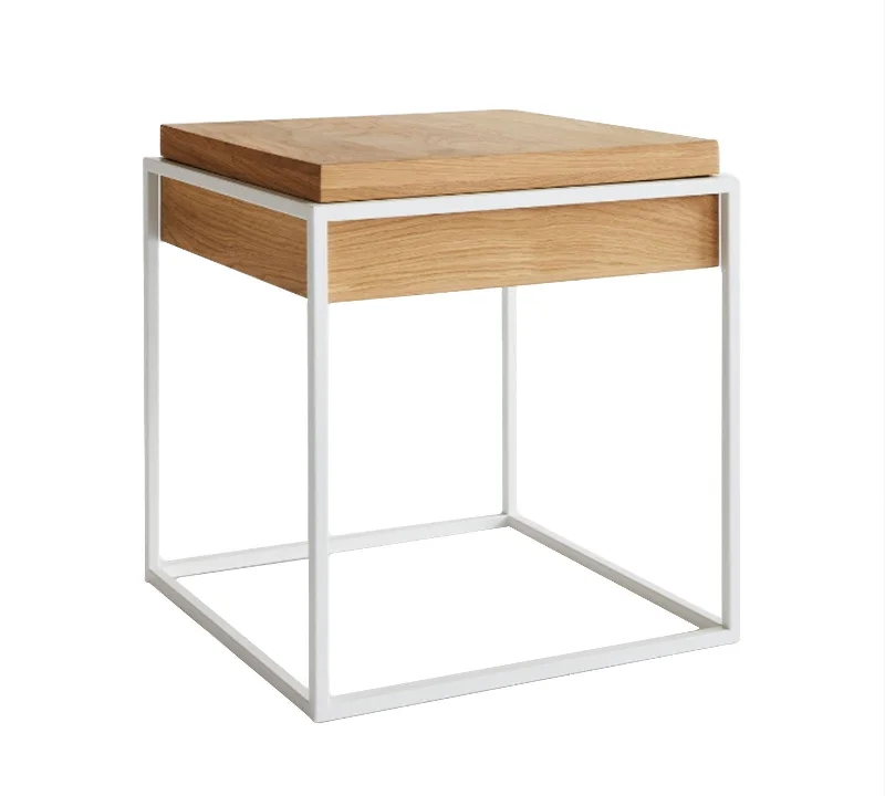 Wooden Side Table With Metal Frame Base